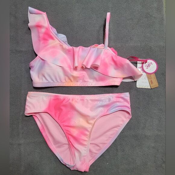 NEW Justice Girls 2 Piece Ruffle Shoulder Tie Dye Bikini Swimsuit XS - Picture 2 of 6